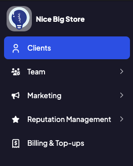 SimpleConnect navigation showing Clients, Team, Marketing, Reputation Management, Setup, and Billing and Top-ups