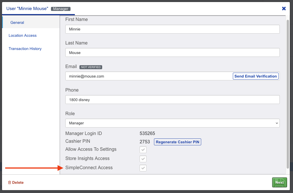 SimpleConnect permission setting on a user's SimpleConsign profile
