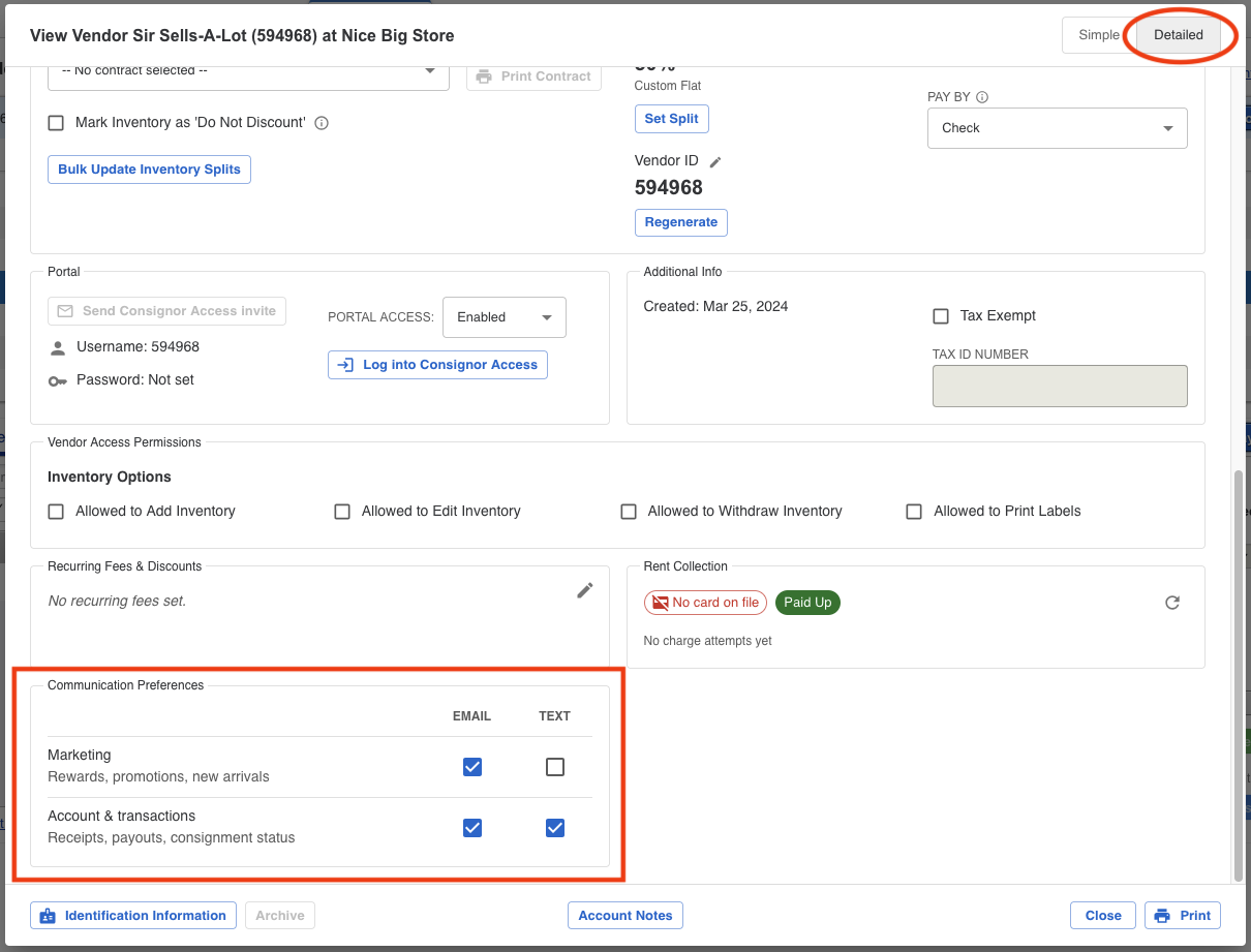 Communication Preferences panel on a customer profile