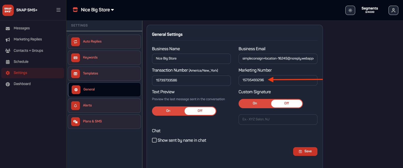SnapSMS Settings, General tab, showing the assigned transactional and marketing numbers