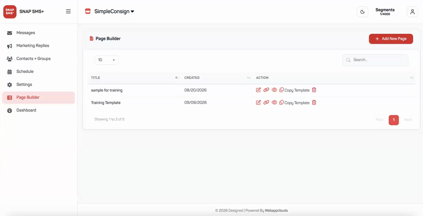 SnapSMS Page Builder list showing saved pages with edit, copy link, preview, and copy template actions