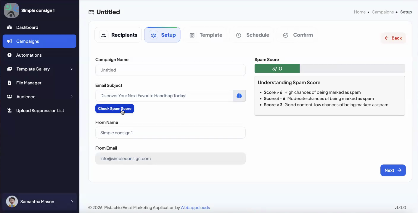 Pistachio campaign Setup step with an email subject line and a spam score of 3/10 in green, with the Understanding Spam Score legend