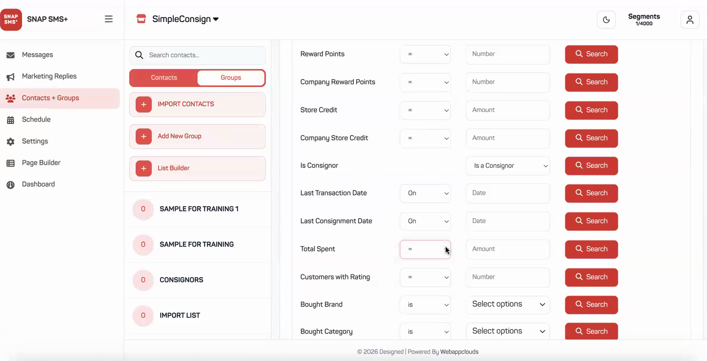 SnapSMS List Builder showing criteria such as reward points, store credit, consignor status, last transaction and consignment dates, total spent, rating, and bought brand